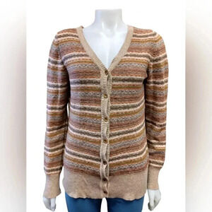 Cassis Collection LS Sweater 100% Merino Wool Tan With Blues Size  Medium